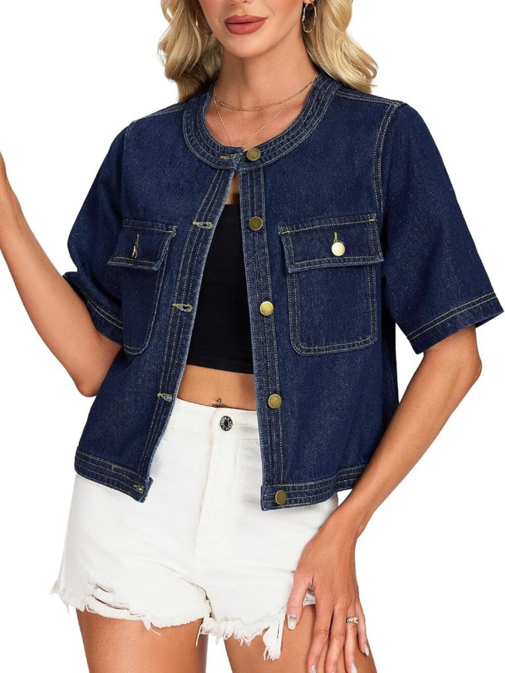 Women's Dark Blue Short Sleeve Denim Cropped Collarless Button Down Jean Jacket